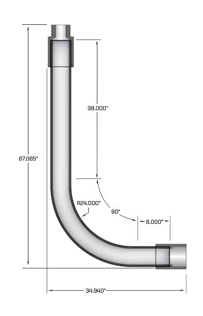A diagram of a 90 degree utility riser part.